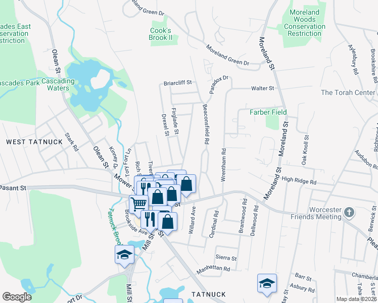 map of restaurants, bars, coffee shops, grocery stores, and more near 82 Copperfield Road in Worcester