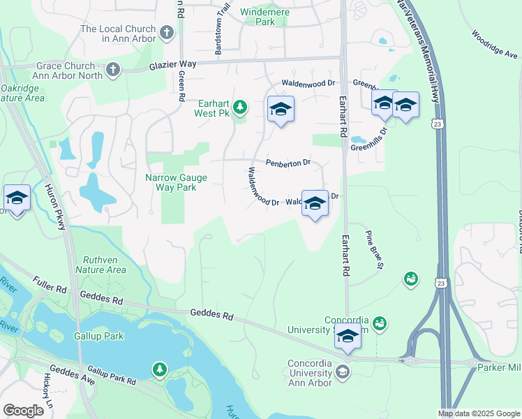 map of restaurants, bars, coffee shops, grocery stores, and more near 3895 Waldenwood Drive in Ann Arbor