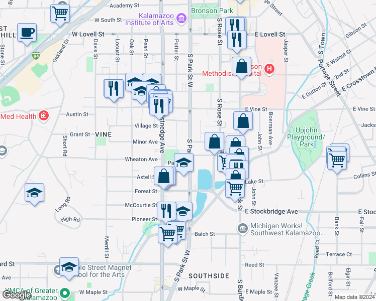 map of restaurants, bars, coffee shops, grocery stores, and more near 1014 South Park Street in Kalamazoo