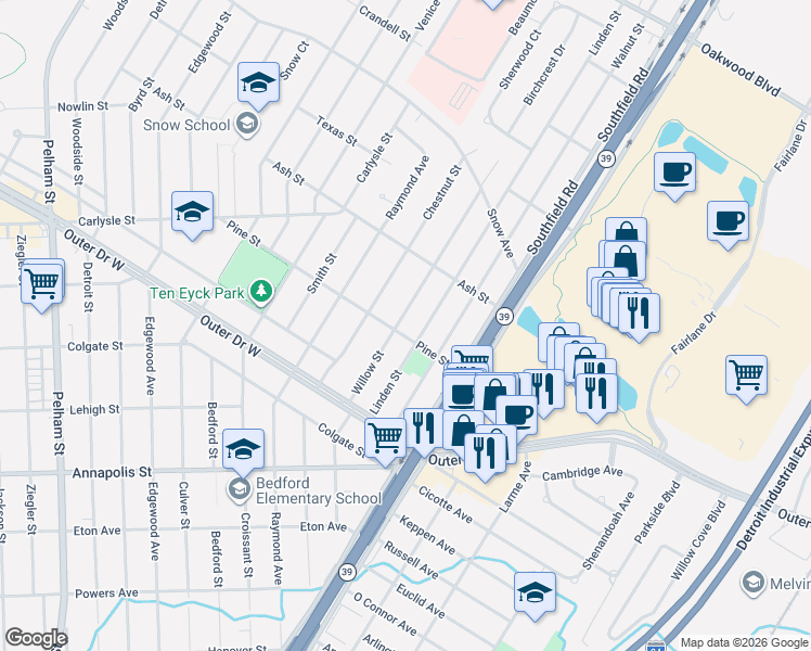 map of restaurants, bars, coffee shops, grocery stores, and more near 3175 Willow Street in Dearborn