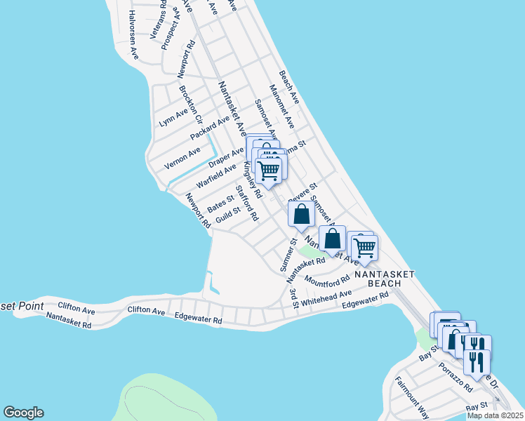 map of restaurants, bars, coffee shops, grocery stores, and more near 505 Nantasket Avenue in Hull