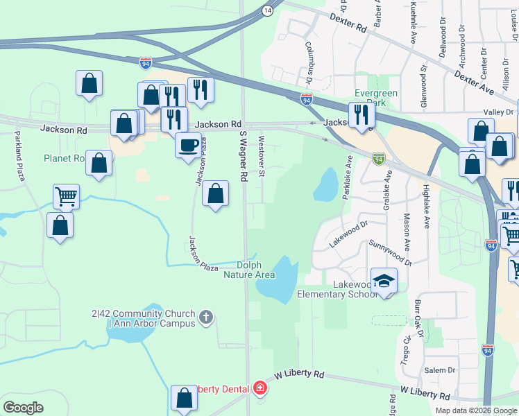 map of restaurants, bars, coffee shops, grocery stores, and more near 267 South Wagner Road in Ann Arbor