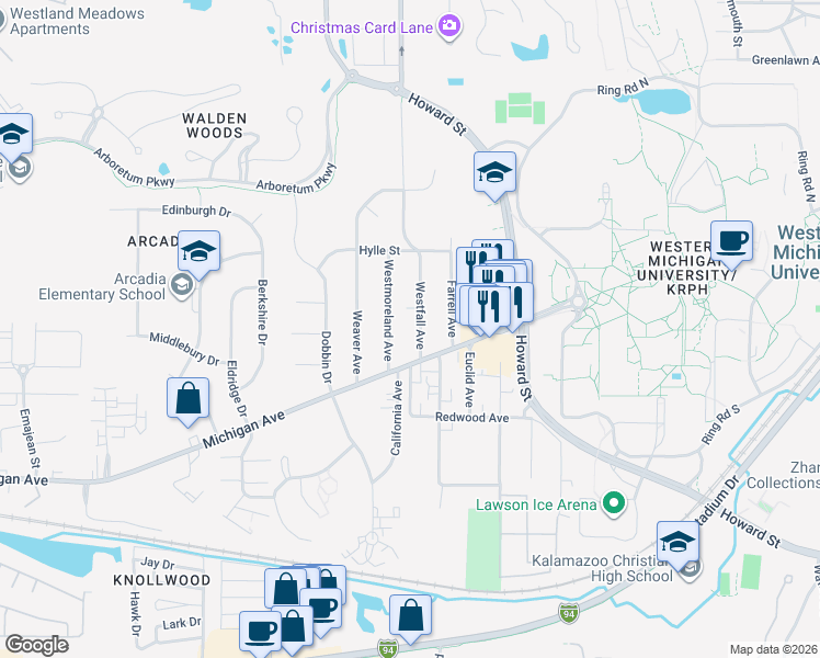 map of restaurants, bars, coffee shops, grocery stores, and more near 950 Westfall Avenue in Kalamazoo