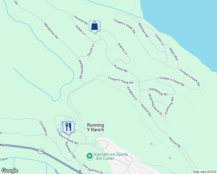 map of restaurants, bars, coffee shops, grocery stores, and more near 5977 Cooper's Hawk Road in Klamath Falls