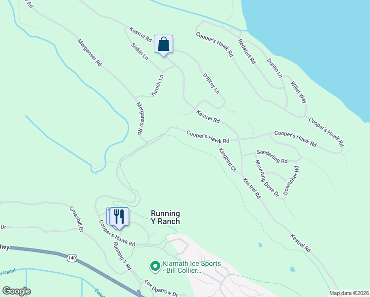 map of restaurants, bars, coffee shops, grocery stores, and more near 5977 Cooper's Hawk Road in Klamath Falls