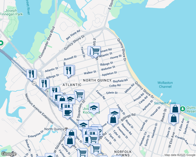 map of restaurants, bars, coffee shops, grocery stores, and more near 93 Walker Street in Quincy