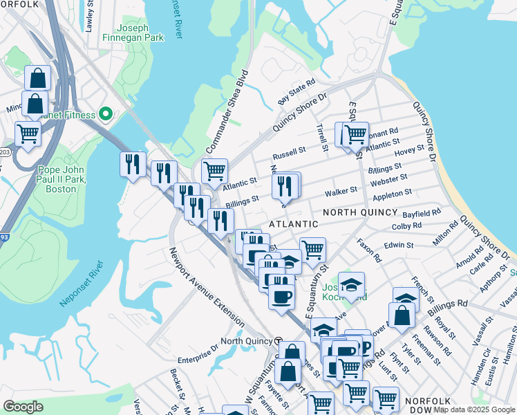map of restaurants, bars, coffee shops, grocery stores, and more near 70 Billings Street in Quincy