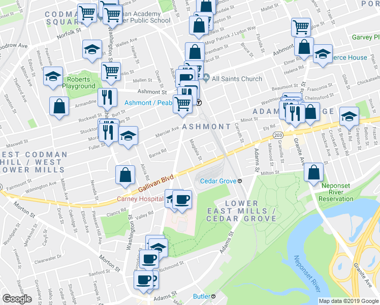 map of restaurants, bars, coffee shops, grocery stores, and more near 6 Magdala Street in Boston