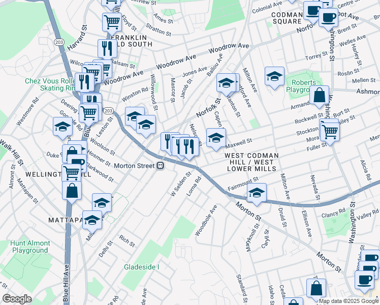 map of restaurants, bars, coffee shops, grocery stores, and more near 49 Corbet Street in Boston