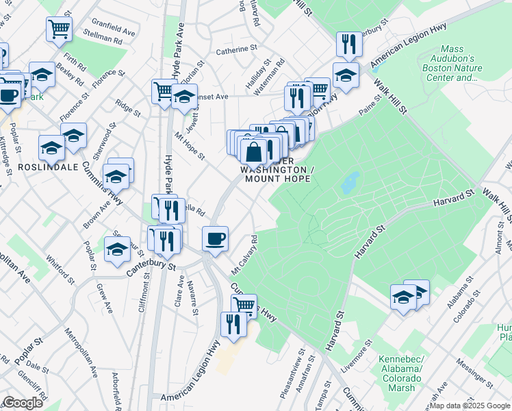 map of restaurants, bars, coffee shops, grocery stores, and more near 825 Canterbury Street in Boston