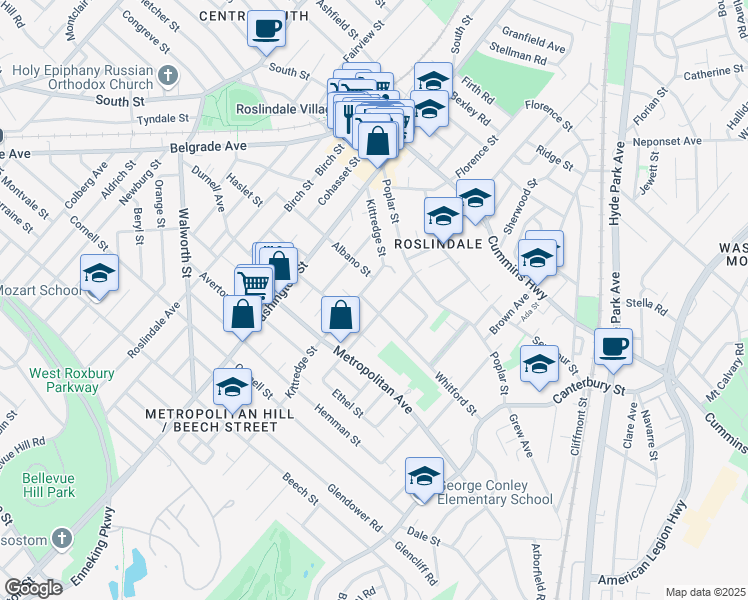 map of restaurants, bars, coffee shops, grocery stores, and more near 101 Kittredge Street in Boston