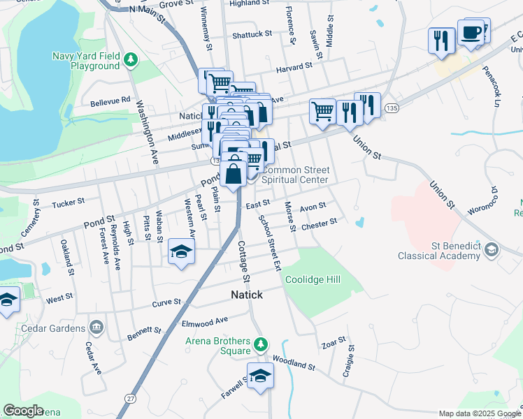 map of restaurants, bars, coffee shops, grocery stores, and more near 16 School Street in Natick