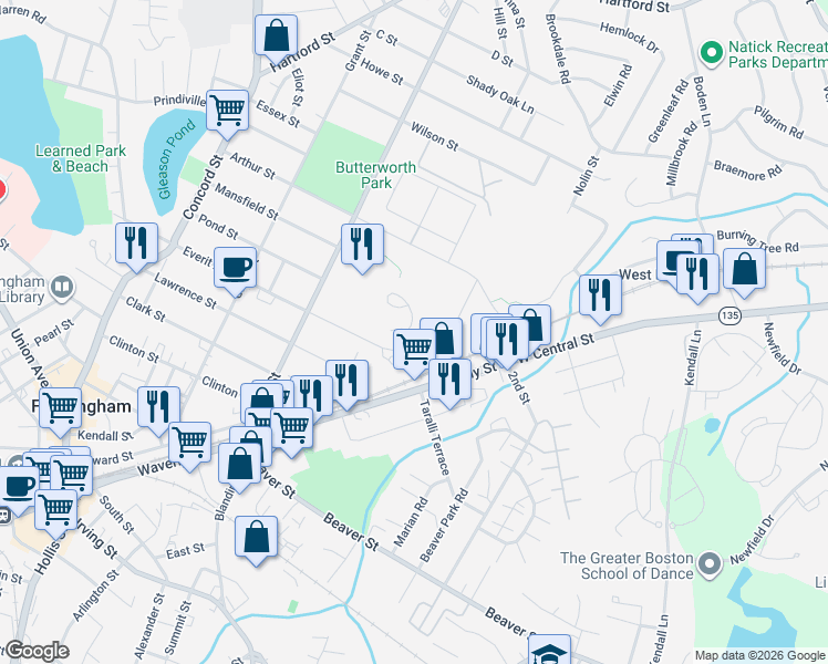 map of restaurants, bars, coffee shops, grocery stores, and more near 13 Clarks Hill in Framingham