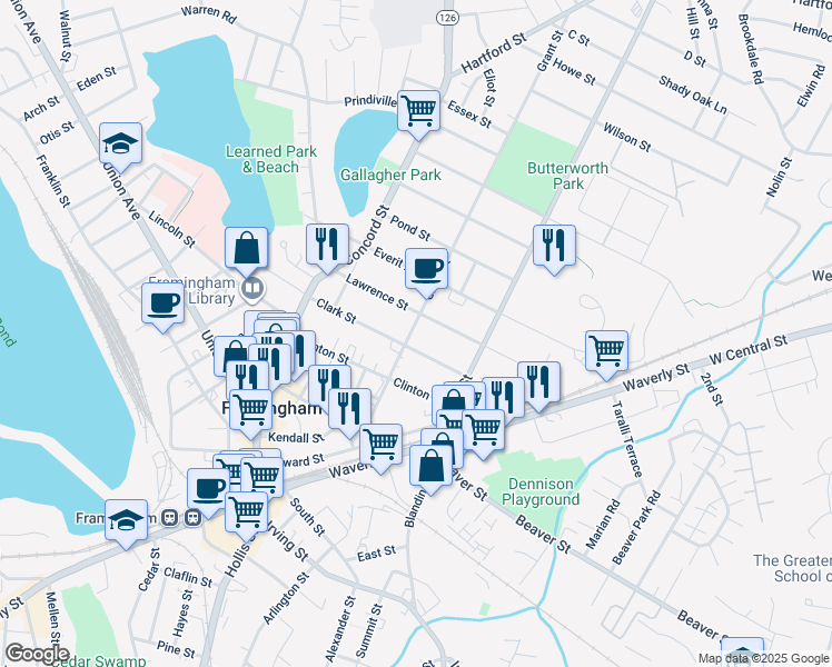 map of restaurants, bars, coffee shops, grocery stores, and more near 116 Grant Street in Framingham
