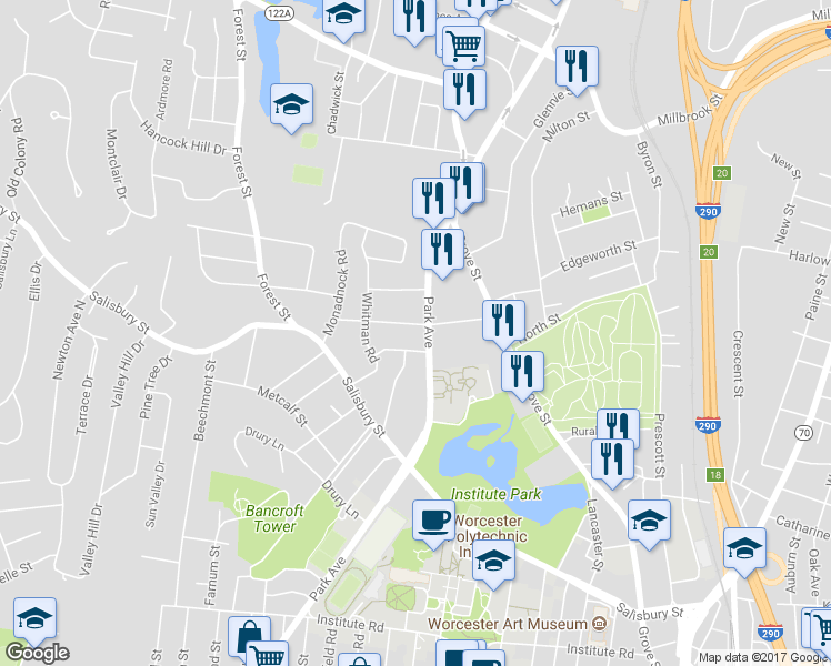 map of restaurants, bars, coffee shops, grocery stores, and more near 60 Sagamore Road in Worcester