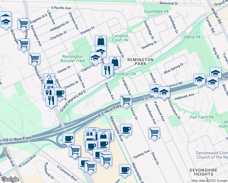 map of restaurants, bars, coffee shops, grocery stores, and more near 200 Elsmere Avenue in Windsor