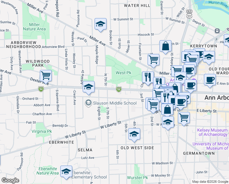 map of restaurants, bars, coffee shops, grocery stores, and more near 810 West Huron Street in Ann Arbor