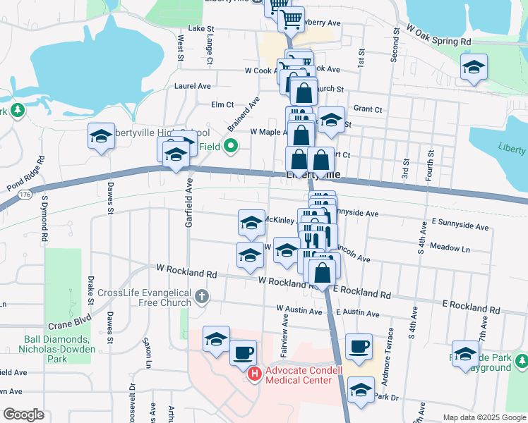 map of restaurants, bars, coffee shops, grocery stores, and more near 160 Sunnyside Place in Libertyville