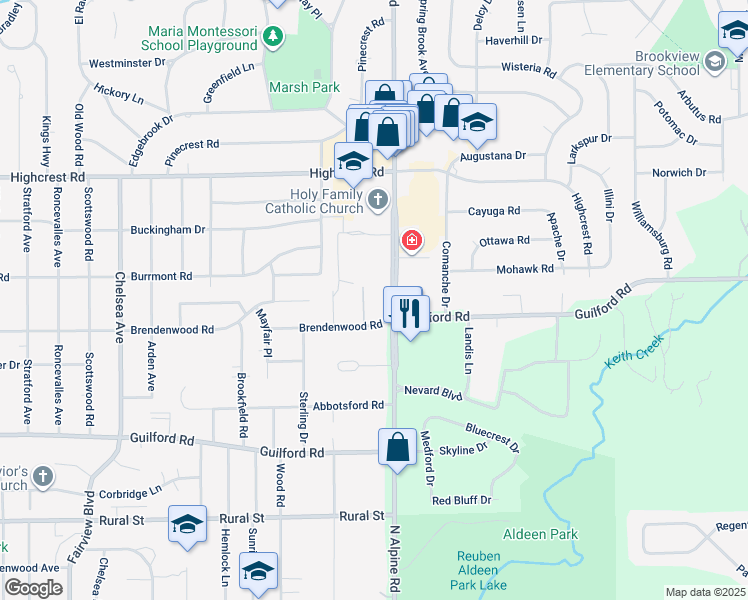 map of restaurants, bars, coffee shops, grocery stores, and more near 4444 Brendenwood Road in Rockford