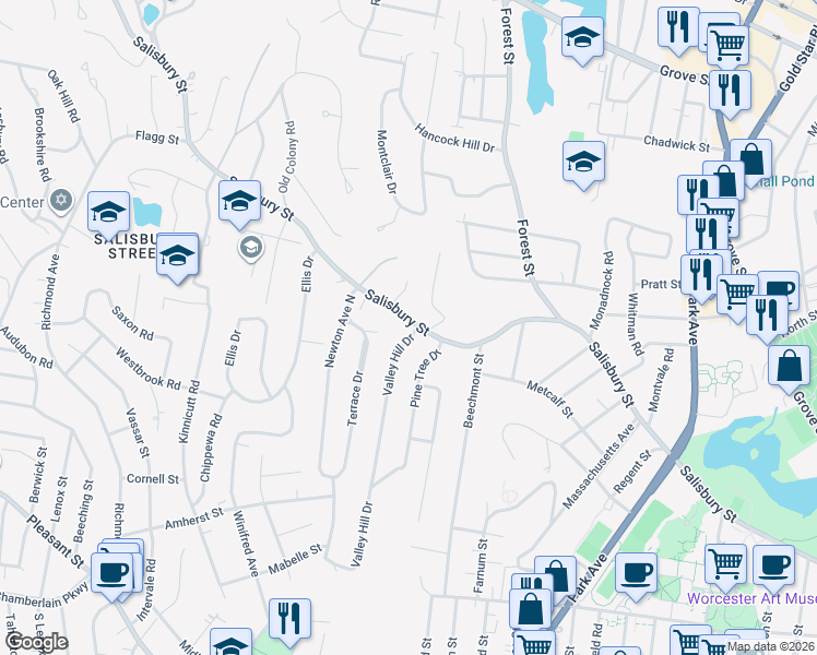 map of restaurants, bars, coffee shops, grocery stores, and more near 339 Salisbury Street in Worcester