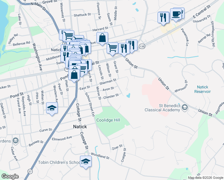 map of restaurants, bars, coffee shops, grocery stores, and more near 7 Sheridan Street in Natick