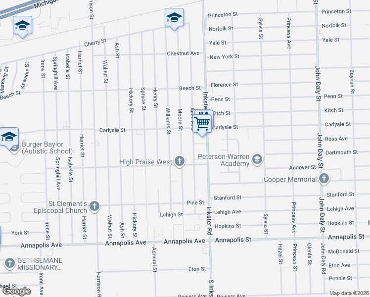 map of restaurants, bars, coffee shops, grocery stores, and more near 3753 Moore Street in Inkster