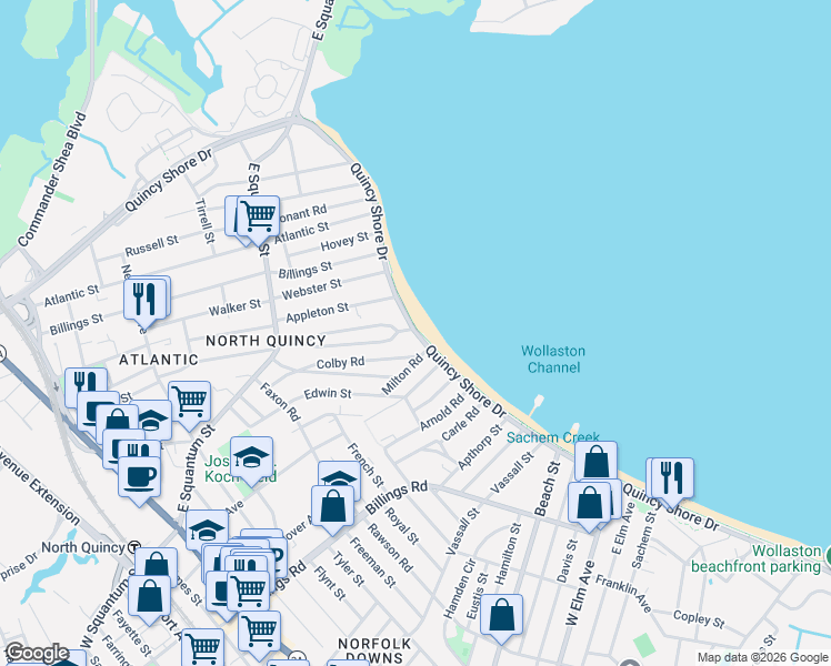 map of restaurants, bars, coffee shops, grocery stores, and more near 509 Quincy Shore Drive in Quincy