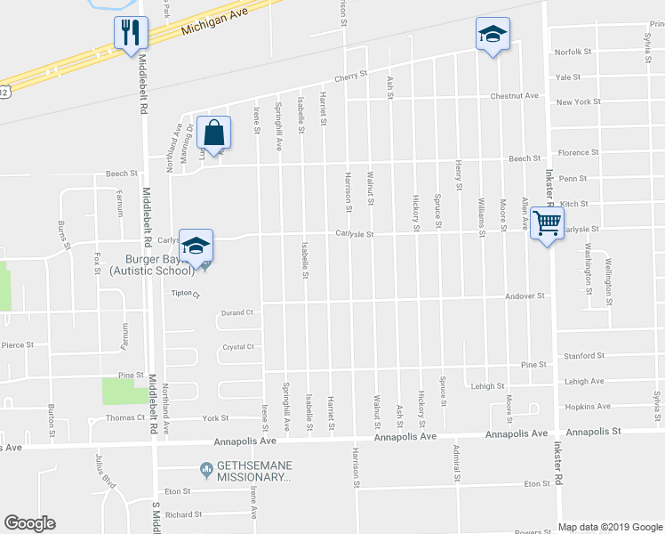 map of restaurants, bars, coffee shops, grocery stores, and more near 3815 Harriet Street in Inkster