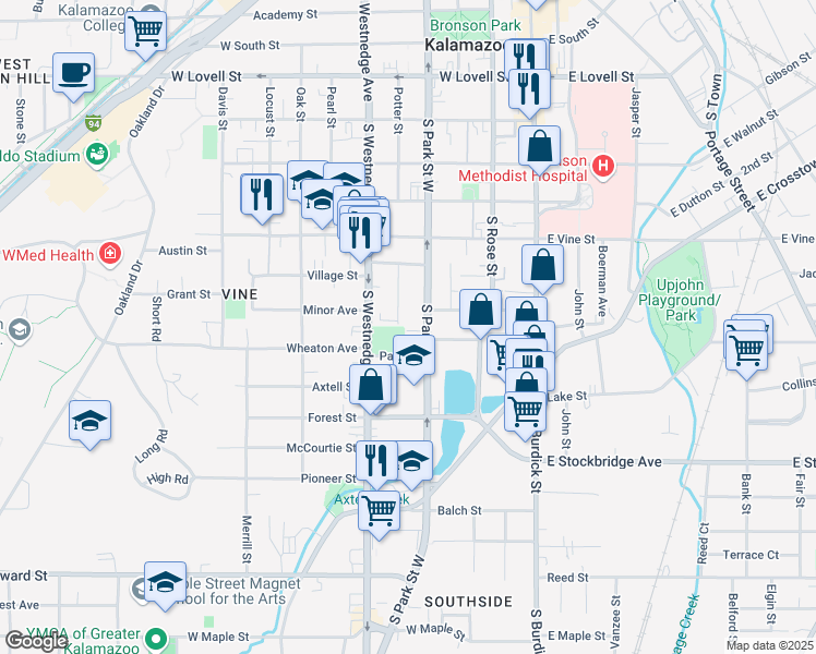 map of restaurants, bars, coffee shops, grocery stores, and more near 1015 Park Place in Kalamazoo