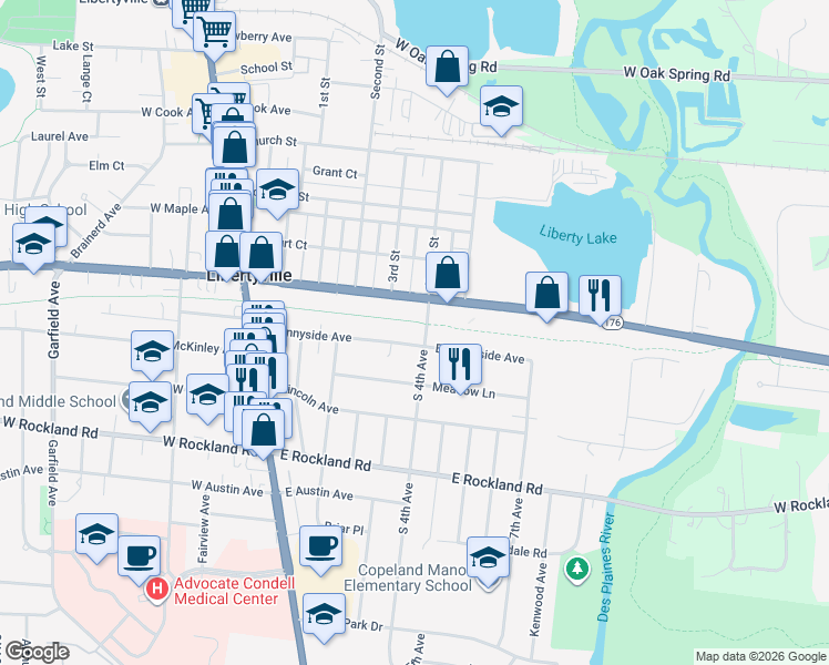 map of restaurants, bars, coffee shops, grocery stores, and more near 539 East Park Avenue in Libertyville