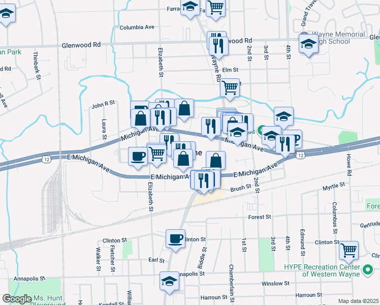 map of restaurants, bars, coffee shops, grocery stores, and more near in Wayne
