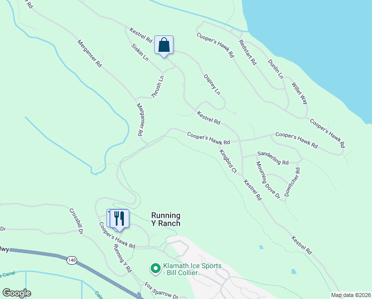map of restaurants, bars, coffee shops, grocery stores, and more near 5977 Cooper's Hawk Road in Klamath Falls