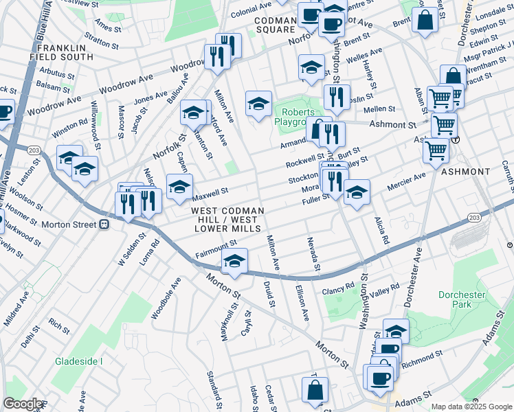 map of restaurants, bars, coffee shops, grocery stores, and more near 104 Milton Avenue in Boston