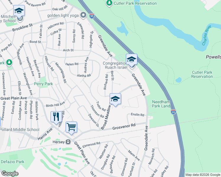 map of restaurants, bars, coffee shops, grocery stores, and more near 89 Bird Street in Needham