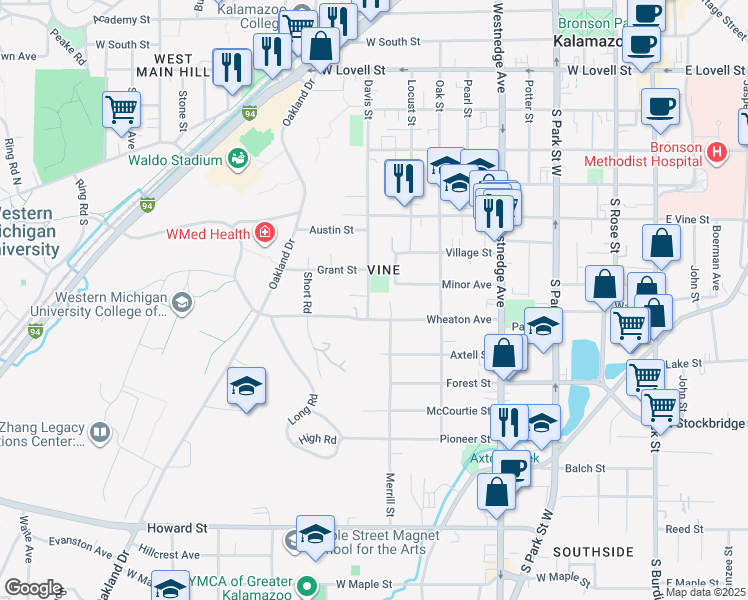 map of restaurants, bars, coffee shops, grocery stores, and more near 1001 Davis Street in Kalamazoo