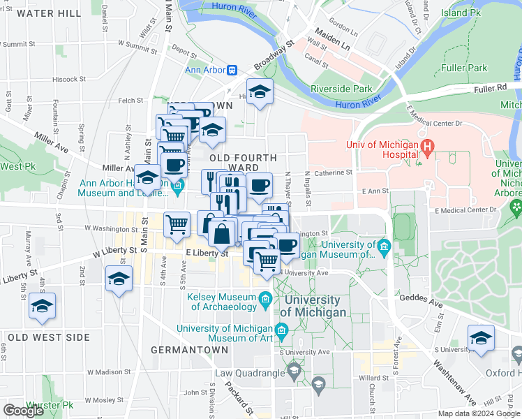 map of restaurants, bars, coffee shops, grocery stores, and more near 615 East Huron Street in Ann Arbor