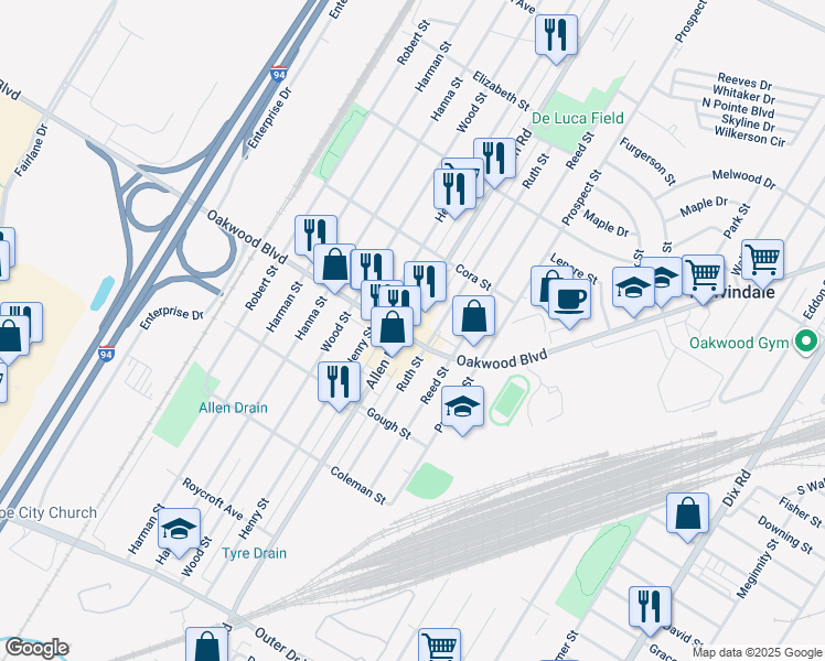 map of restaurants, bars, coffee shops, grocery stores, and more near 18296 Allen Road in Melvindale