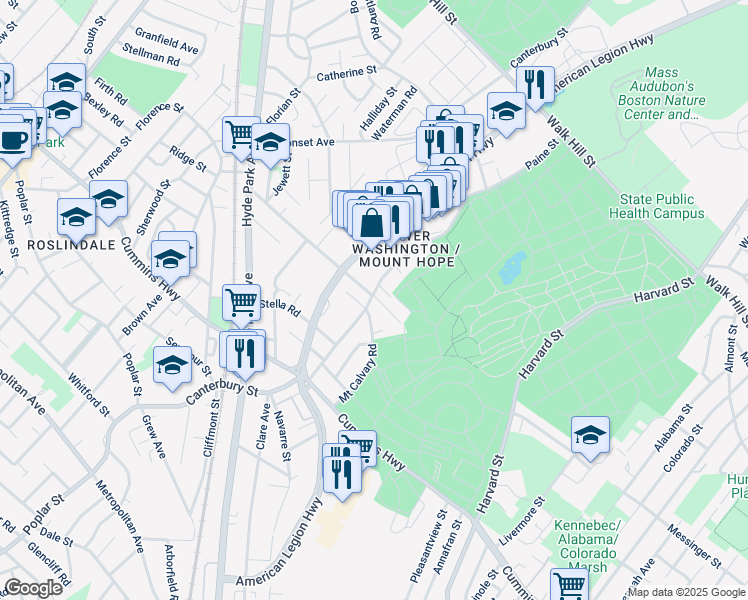 map of restaurants, bars, coffee shops, grocery stores, and more near 836 Canterbury Street in Boston