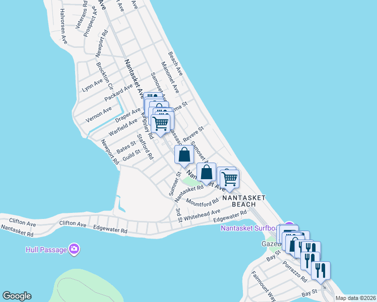 map of restaurants, bars, coffee shops, grocery stores, and more near 16 Massasoit Avenue in Hull