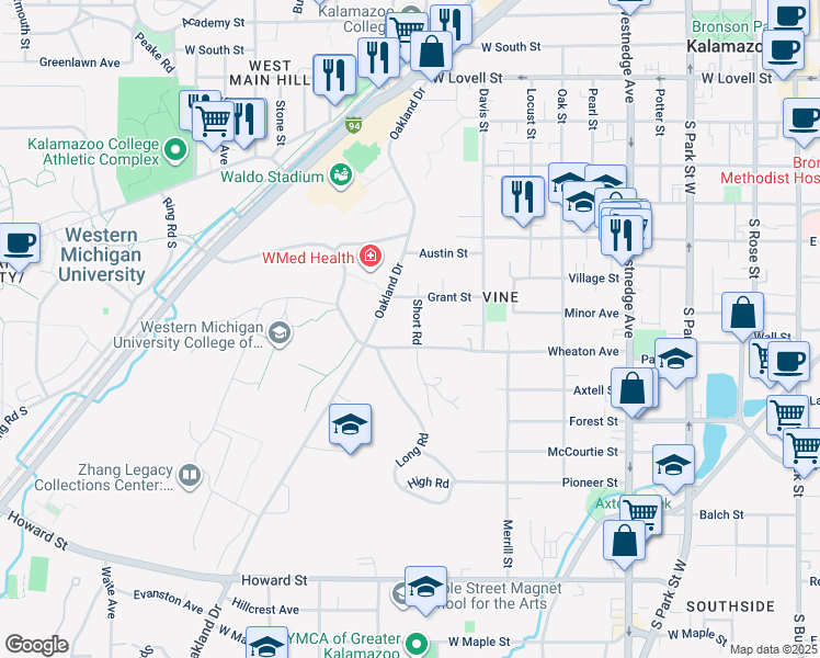 map of restaurants, bars, coffee shops, grocery stores, and more near 919 Short Road in Kalamazoo