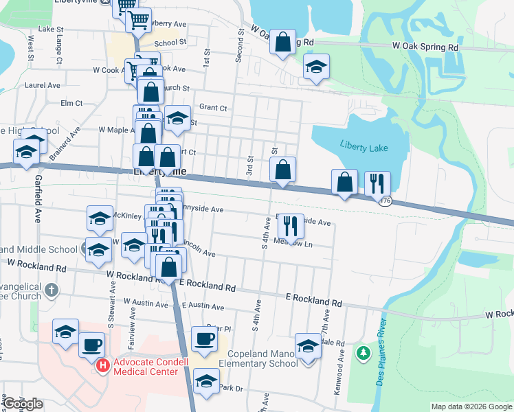 map of restaurants, bars, coffee shops, grocery stores, and more near 539 East Park Avenue in Libertyville