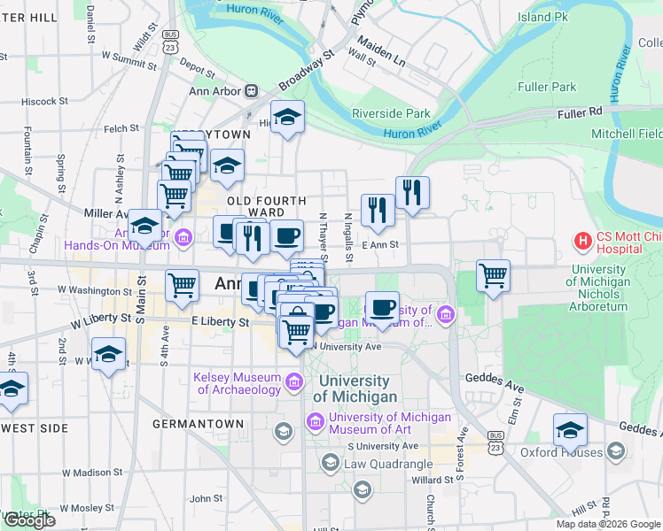 map of restaurants, bars, coffee shops, grocery stores, and more near 805 East Huron Street in Ann Arbor