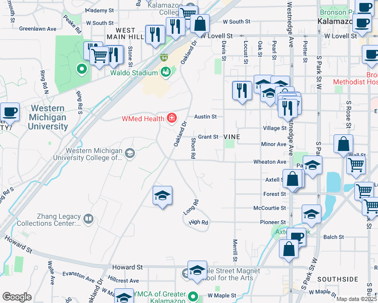 map of restaurants, bars, coffee shops, grocery stores, and more near 911 Oakland Drive in Kalamazoo