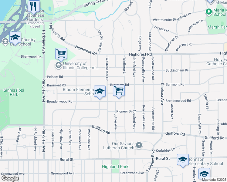 map of restaurants, bars, coffee shops, grocery stores, and more near 3023 Burrmont Road in Rockford