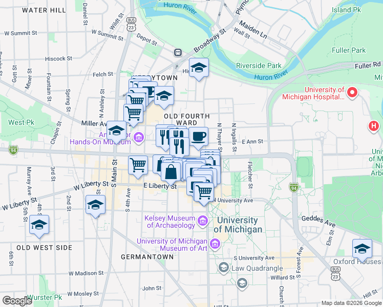 map of restaurants, bars, coffee shops, grocery stores, and more near 603 East Huron Street in Ann Arbor