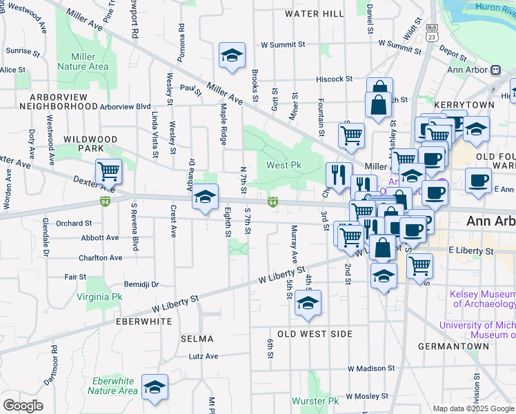 map of restaurants, bars, coffee shops, grocery stores, and more near 831 West Huron Street in Ann Arbor