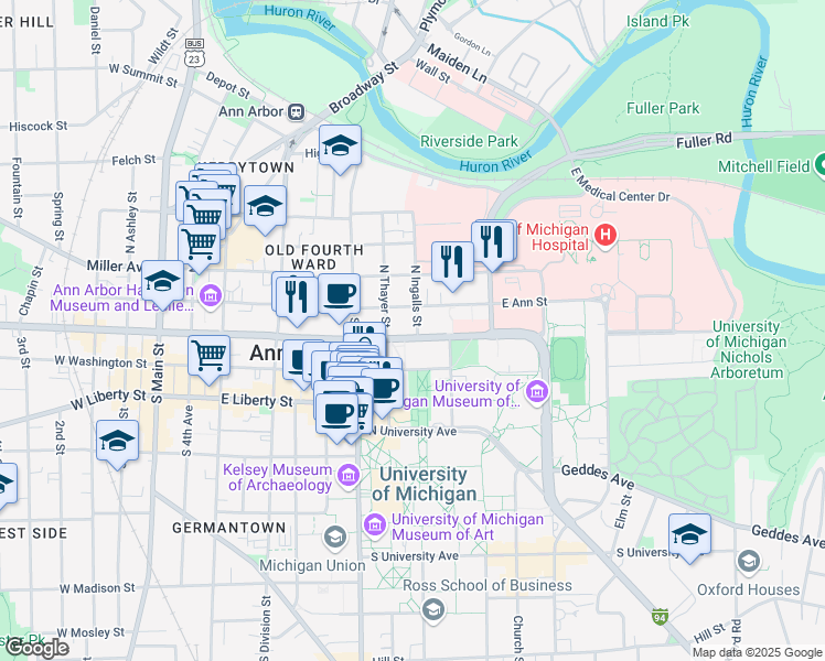 map of restaurants, bars, coffee shops, grocery stores, and more near 101 North Ingalls Street in Ann Arbor