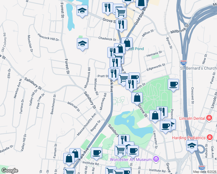 map of restaurants, bars, coffee shops, grocery stores, and more near 49 Sagamore Road in Worcester