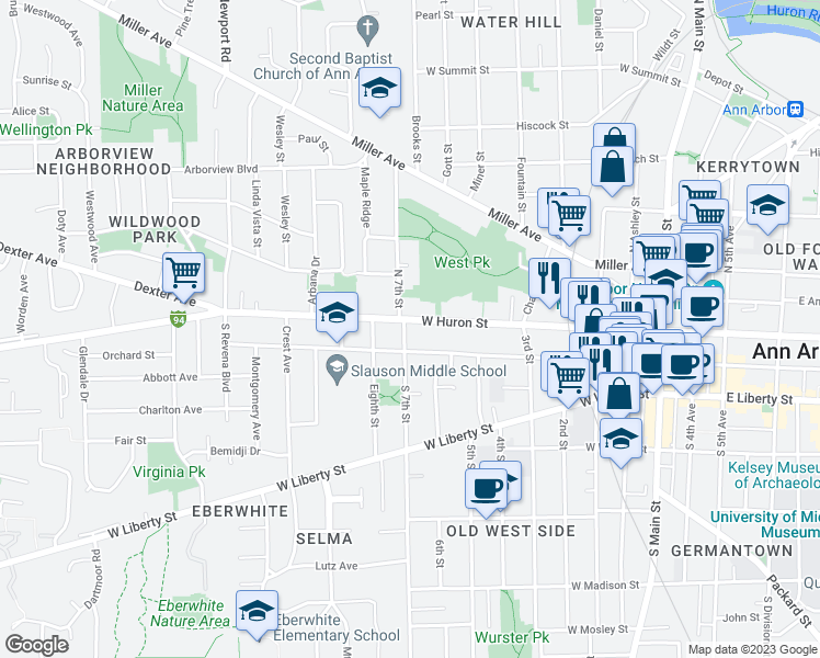 map of restaurants, bars, coffee shops, grocery stores, and more near 839 West Huron Street in Ann Arbor
