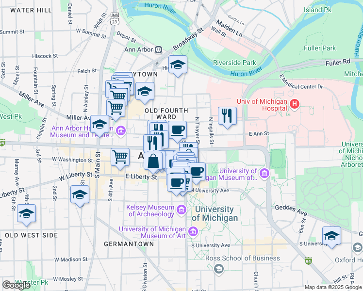 map of restaurants, bars, coffee shops, grocery stores, and more near 617 East Huron Street in Ann Arbor